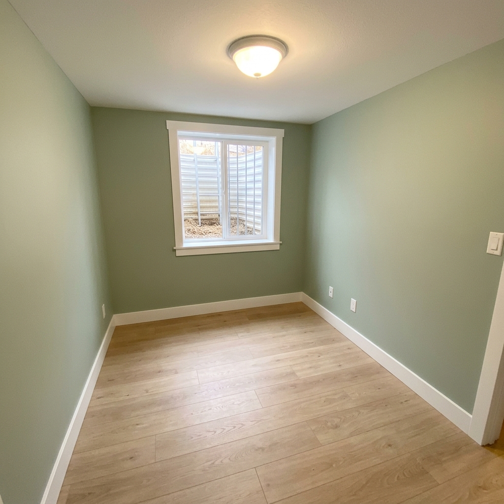 Finished basement bedroom with sage walls and laminate flooring
