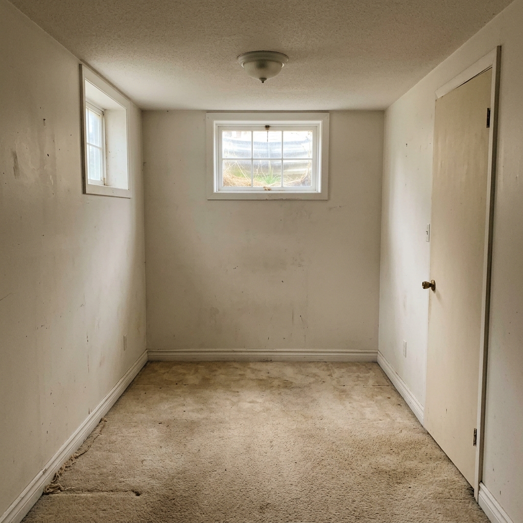 Bare basement bedroom before renovation — old carpet, plain drywall